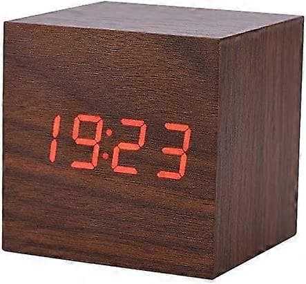 LED Skrivbordsklocka Väckarklocka Morgonklocka Digital Kub/Rektangulär/Triangulär Datum Temperaturvisning med Rese Digital Väckarklocka (Valnötskub)