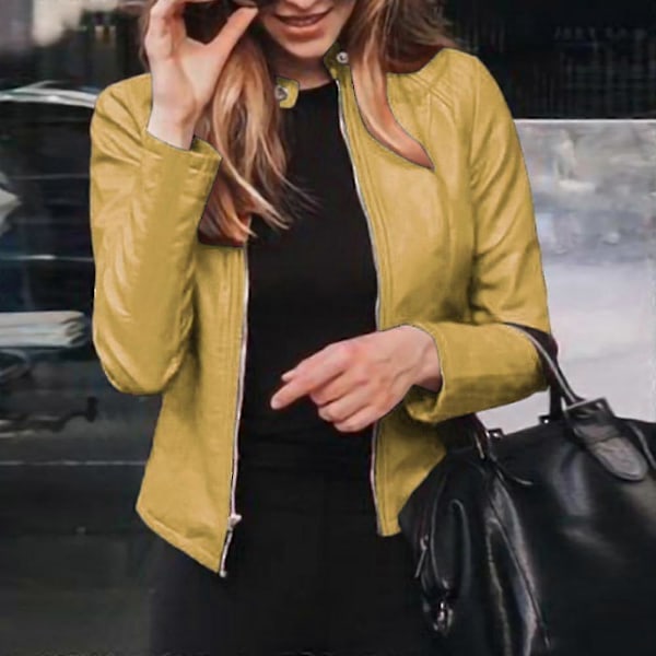 SJJYV Slim Fit Läderjacka Dam, Klassisk Moto Biker Pu Höst & Vinter Basic Yellow XL