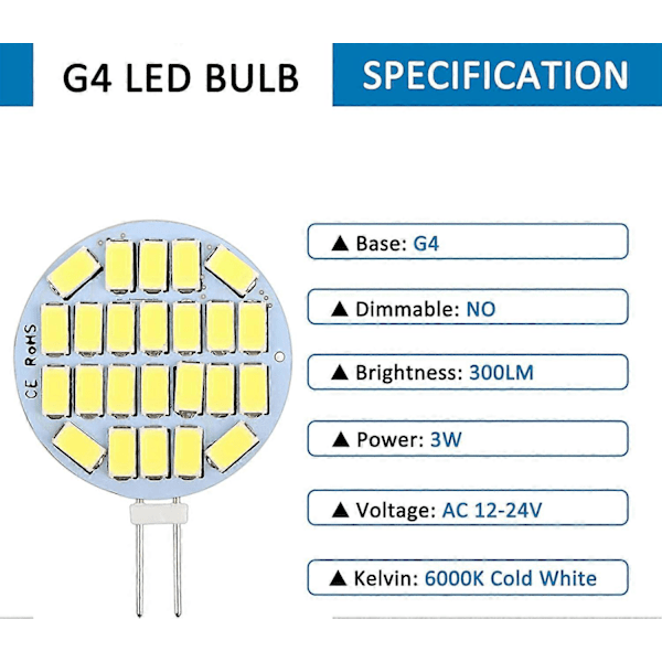 6 st G4 LED 3W, AC12-24V, 300LM Kallvitt 6000K, 24x5730 SMD, motsvarar 30W halogenlampa, ej dimbar, G4 LED rund infälld