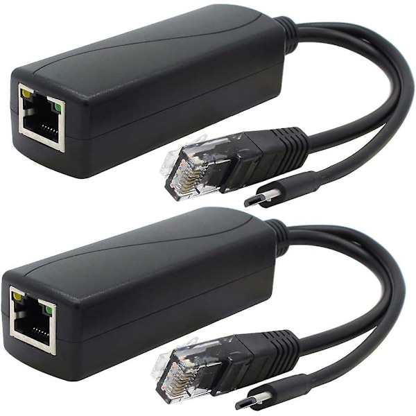 2-pack Gigabit PoE-splitter, 48V till 5V 2.4A Micro USB Ethernet-adapter, Fungerar med Raspberry Pi 3B+ IP-kamera och mer