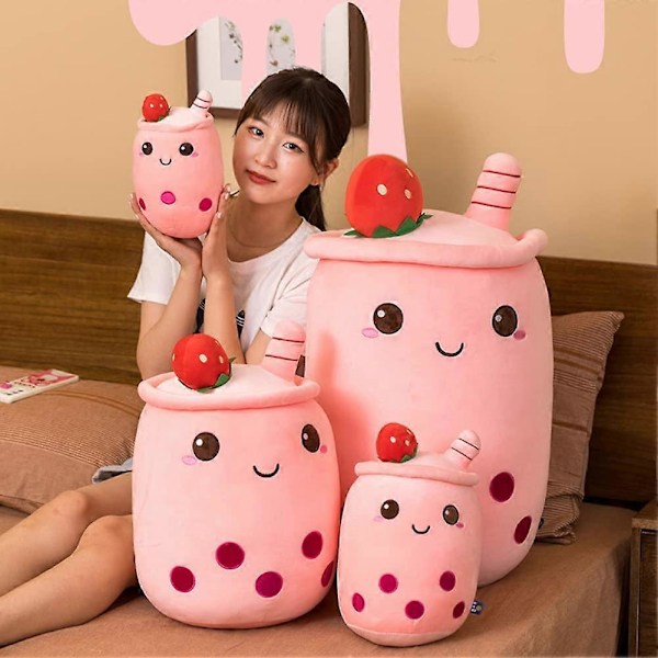Bubble Tea Plyschkudde, Söt Mjölktekopp Plyschleksak Bubble Tea Mjuk Leksak med Jordgubbar, Bubble Tea Kopp Plyschleksak Mjuk Fylld Kastkudde
