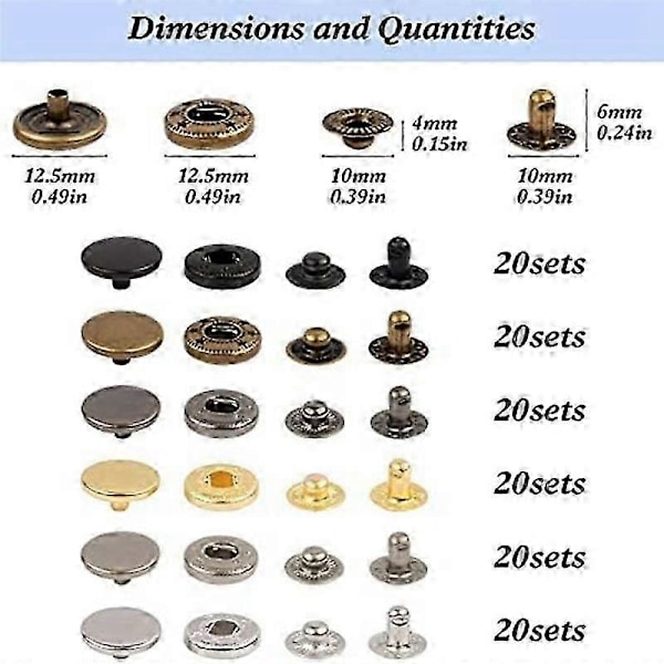 Läder Tryckknappar Kit, 120 Set Metall Tryckknappar med 6 Monteringsverktyg, för Kläder