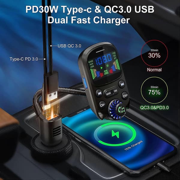 Bluetooth 5.3 FM-sändare, QC3.0 PD30W Billaddare Handsfree Bil Kit