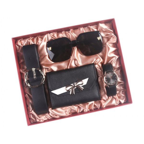 Presentfolie set damarmbandsur, svart bälte, plånbok, glasögon Xma