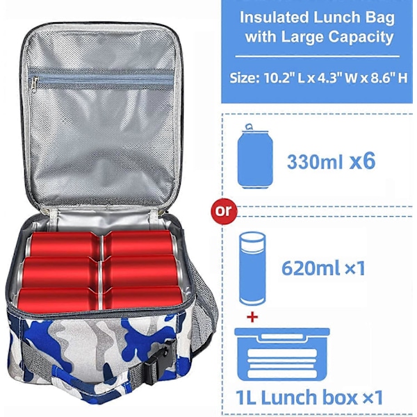 Isolerad Lunchväska Camo Kylväska Bärbar Lunchlåda Väska för Pojkar Flickor Kvinnor Män till Skola Kontor Utomhus (Camo Blå)