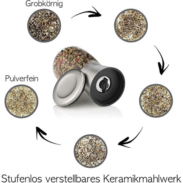 Set med 2 kryddkvarnar, justerbara, tillverkade av högkvalitativt rostfritt stål - [utan kryddinnehåll]