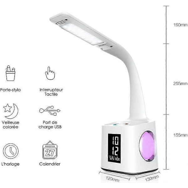 Ögonvänlig LED Skrivbordslampa USB-port med Pennhållare/Tid/Kalenderdisplay 3 Nivåer Dimbar 10W
