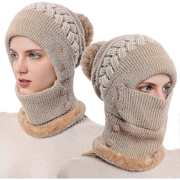 Dam Vinter Varm Stickad Mössa Hatt Halsvärmare Set, Dubbla Lager Fleecefodrad Mössa, Khaki