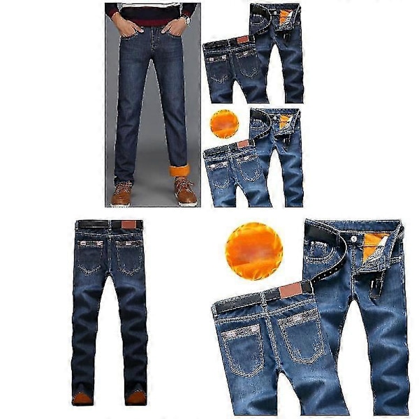 Vinterjeans för män, termiska, fleecefodrade, långa denimbyxor, avslappnade varma byxor för kontor och resor