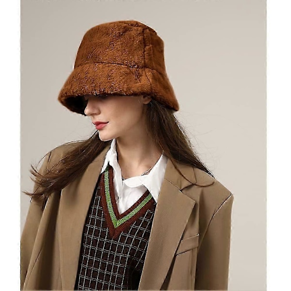 Fiskarhatt i plysch för damer, vinterhatt, fluffig bucket hat, varm fiskarhatt (svart)