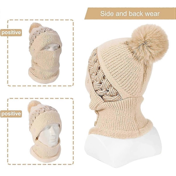Dam Vinter Varm Stickad Mössa Hatt Halsvärmare Set, Dubbla Lager Fleecefodrad Mössa, Khaki