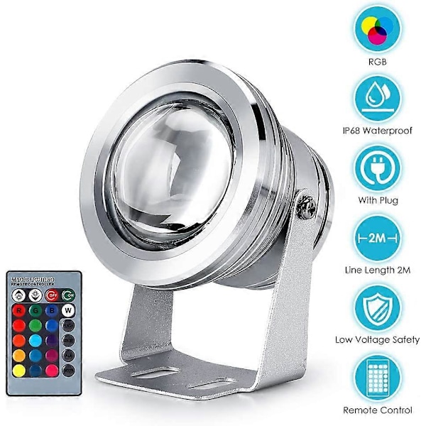 LED Undervattensstrålkastare, IP67 Vattentät RGB Undervattenslampa, 10W LED Spotlight för Fontän Pool Utomhus Trädgårdsbelysning Silver
