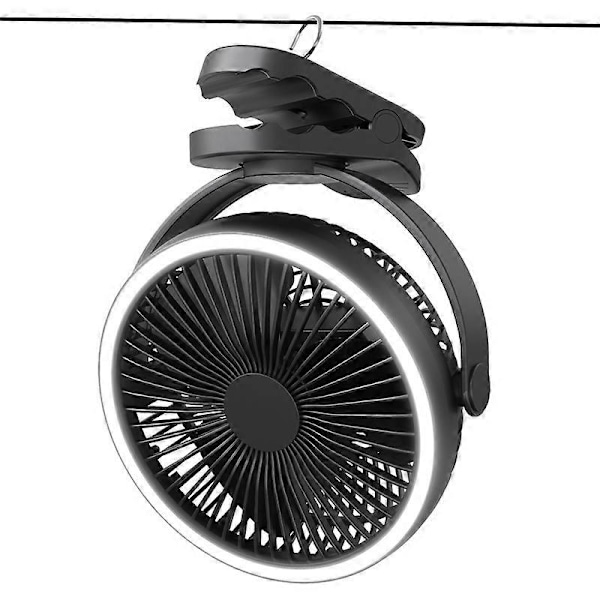 Campingfläkt med Klämma USB 6-21 Timmar Användning 4 Hastigheter, LED-lampor, Krok 360 Tyst Uppladdningsbar Svart 25*21*12.5cm