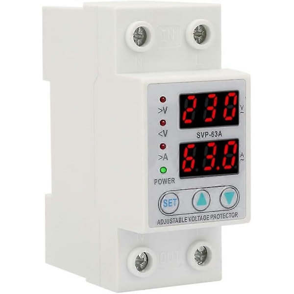 AC230V 63A Spännings- och Strömskydd Över-/Underspänningsskydd Dubbel LED-Display Enfas Lågspänningsskydd DIN-Skena Installation