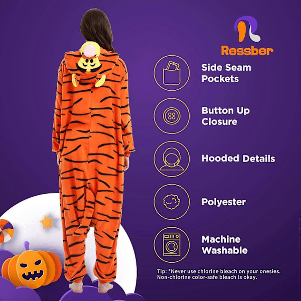 Unisex Vuxen Onesie Pyjamas Djur Heldräkt Halloween Kostym Jul Sovkläder Jumpsuit Tigger Small