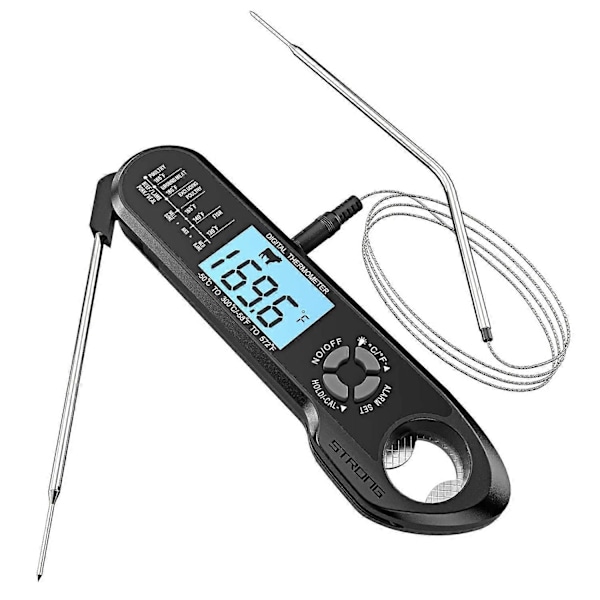 Kötttermometer Direktavläsning Ugnssäker 2 i 1 Dubbel Probe Digital Mattermometer med Alarm Bakgrundsbelysning för Kök Matlagning Grillning Rökning BBQ (Svart)