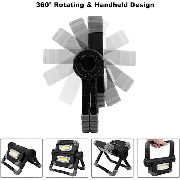 Uppladdningsbar LED Arbetslampa, 2 COB Strålkastare, 3 Lägen, 20W 5000mAh Power Bank, Vikbar LED Arbetslampa med 360 Rotation för Camping, Reparation