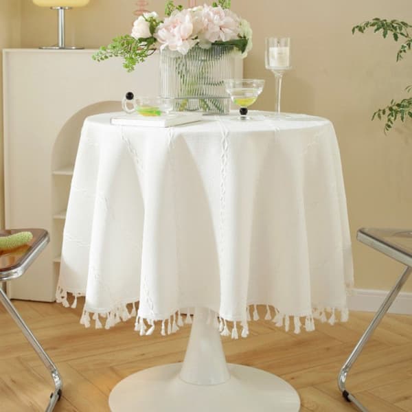 Rund duk, bomulls-linne duk med tofsar, vit, 140 cm