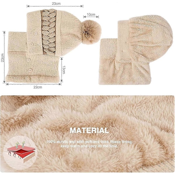 Dam Vinter Varm Stickad Mössa Hatt Halsvärmare Set, Dubbla Lager Fleecefodrad Mössa, Khaki