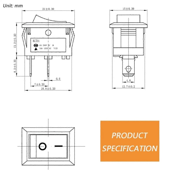 Mini Rocker Switch T85 KCD1-101 2-polig SPST Vippströmbrytare med Kablage Svart (10 st)