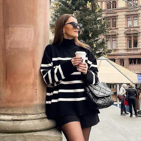 Dam Elegant Höst Vinter Tröja Dam Pullovrar Oversized Lös Randig Casual Stickad Chic Jumper Dam Tröja Toppar
