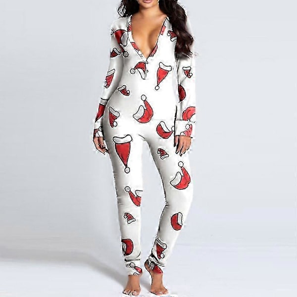 Dam One Piece Tryckt Sovplagg Jul Pyjamas Jumpsuit Rompers Långärmad Nattlinne