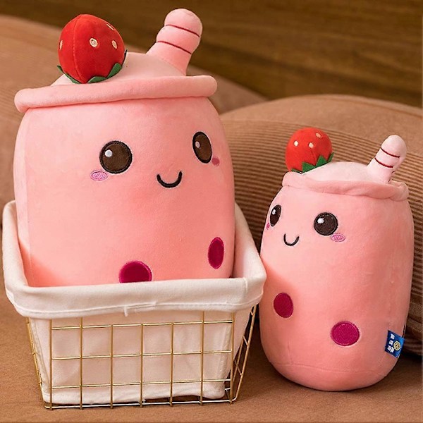 Bubble Tea Plyschkudde, Söt Mjölktekopp Plyschleksak Bubble Tea Mjuk Leksak med Jordgubbar, Bubble Tea Kopp Plyschleksak Mjuk Fylld Kastkudde