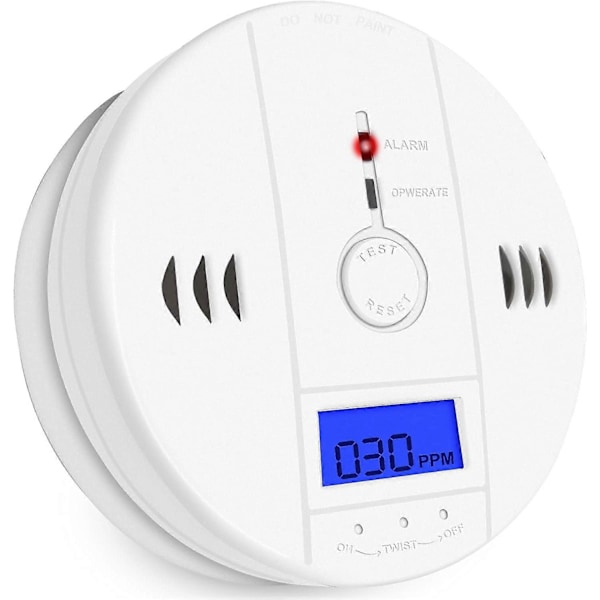 Kolmonoxiddetektor CO-larm med digital display och ljudlarm för hemmet, batteridriven CO-larmdetektor med utbytbart batteri (AA-batterier N