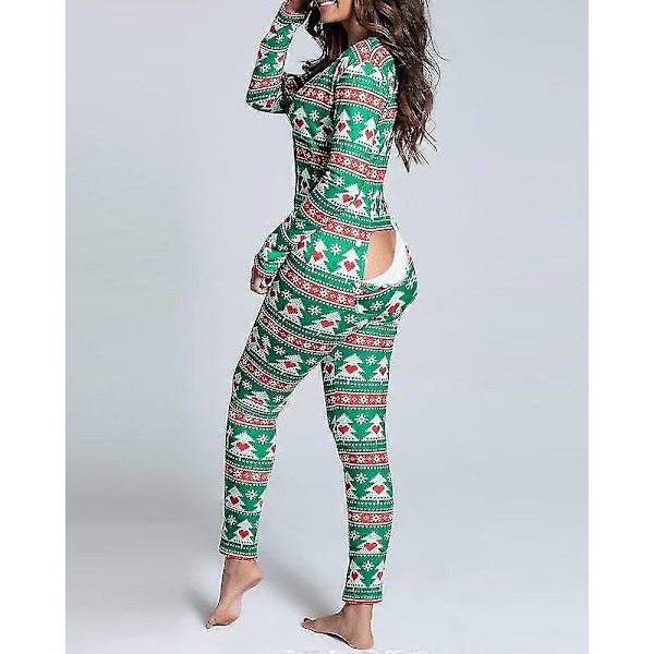 Sexig pyjamas för kvinnor julpyjamas nyårs jumpsuit sovkläder knäppning fram bak rumpa öppen rumpa flik jumpsuit jul tryck loungewear