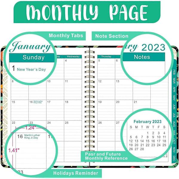 2023 Kalender Årsvy från Jan till Dec 2023, Daglig Planerare med Månadsflikar, Hårdpärm, Innerficka, 100GSM (A04 Svart)