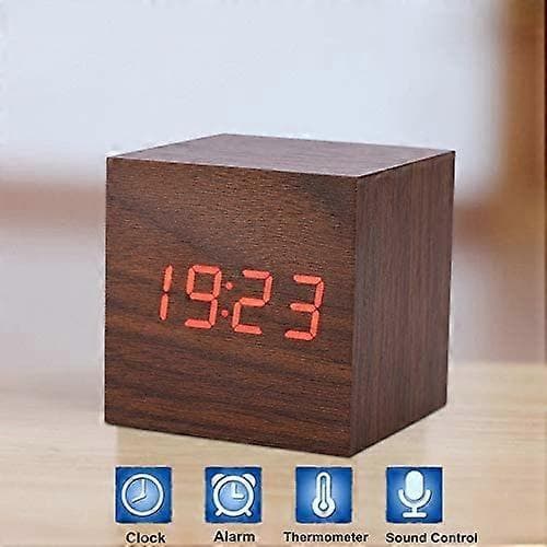 LED Skrivbordsklocka Väckarklocka Morgonklocka Digital Kub/Rektangulär/Triangulär Datum Temperaturvisning med Rese Digital Väckarklocka (Valnötskub)