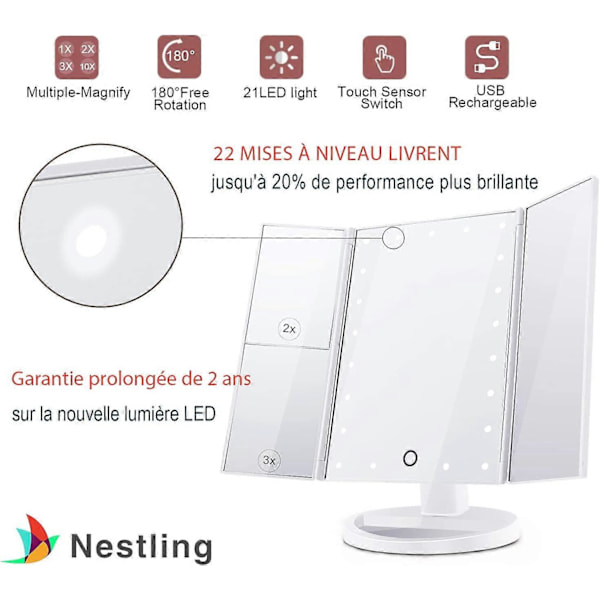 Sminkspegel, Triptyk Förstoringsspegel 21 st LED-lampor, 10X/3X/2X Belyst Spegel Pekskärm, Dubbel Strömförsörjning, 180° Justerbar