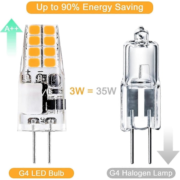 G4 LED-lampa 12V, 3000k Varmvit, 3W Motsvarande 35W G4 Halogenlampa, 300 Lumen, Ej Dimbar, 10-pack