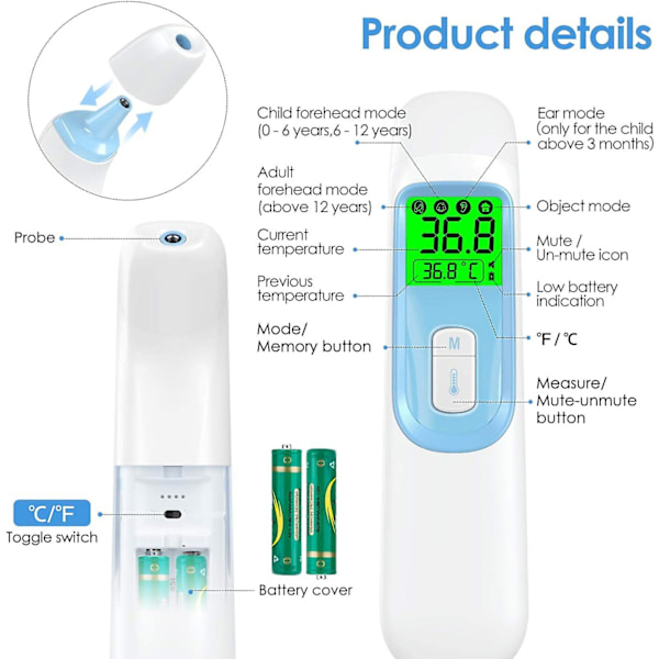 Panntermometer, Medicinsk panntermometer med febervarning, LCD-display, Minnesfunktion, Infraröd termometer