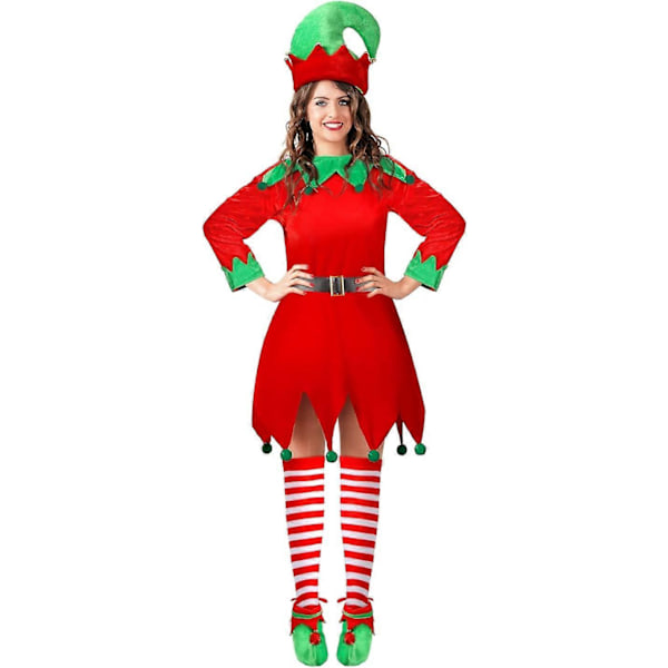Flickor Kvinnor Jul Tomte Kostym Set Jultomtens Hjälpreda Kostym Jul Festlig Outfit med Tomtehatt Skor Bälte Randiga Strumpor