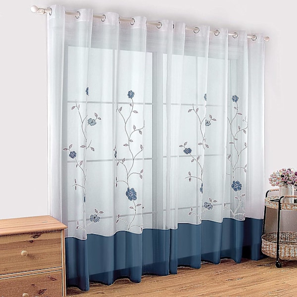 1 Stycke Blommig Broderi Skira Öljettgardiner för Sovrum Kök Vardagsrum, 140cmx175cm, Blå