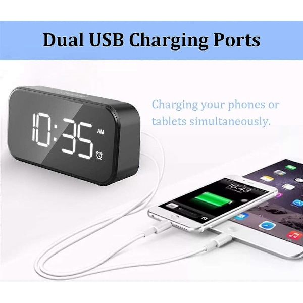 LED Digital Väckarklocka Sängbord Nätansluten, 5 LED Digital Display Snooze Väckarklocka med Dubbla USB-Portar, 12/24 Timmar, 6 Ljusstyrkenivåer, Snooze-Funktion