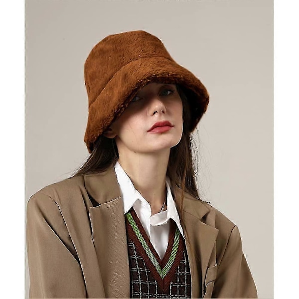 Fiskarhatt i plysch för damer, vinterhatt, fluffig bucket hat, varm fiskarhatt (svart)