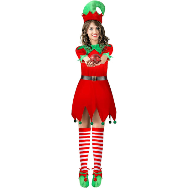 Flickor Kvinnor Jul Tomte Kostym Set Jultomtens Hjälpreda Kostym Jul Festlig Outfit med Tomtehatt Skor Bälte Randiga Strumpor