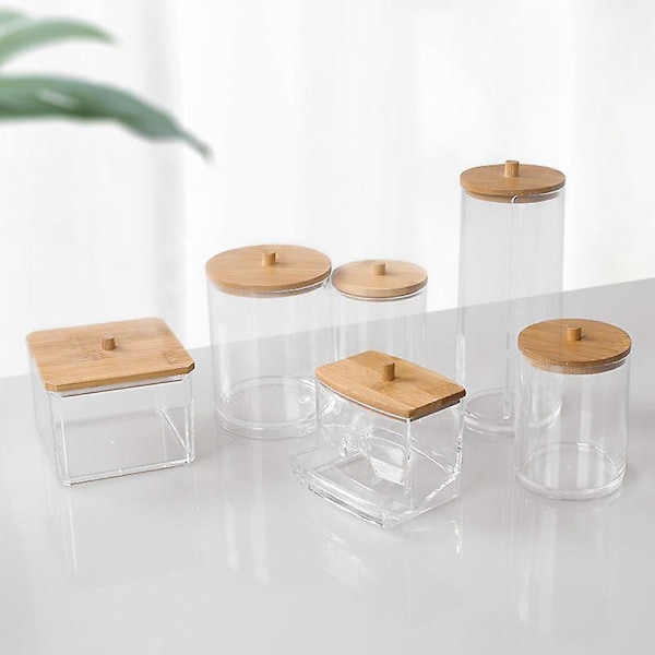 Bomullspinnehållare, Bomullspinnebehållare Bomullspinneförvaring Bomullspinnebox med Trälock för Vardagsrum, Sovrum, Badrum (15,9x9x13cm)