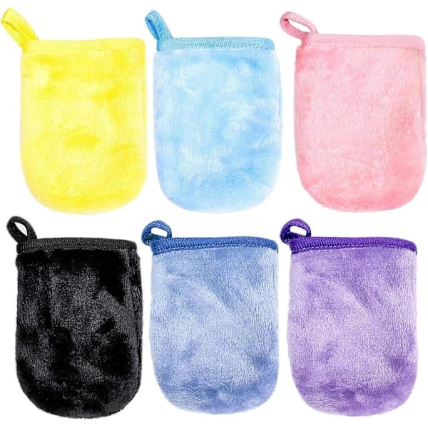 6 Stycken Sminkborttagningshandskar i Flanell, Rengöringsfingerskydd, Återanvändbara Handdukar, Duschhandskar med Ögla, Mjuka Tvätthandskar (9 * 13cm)