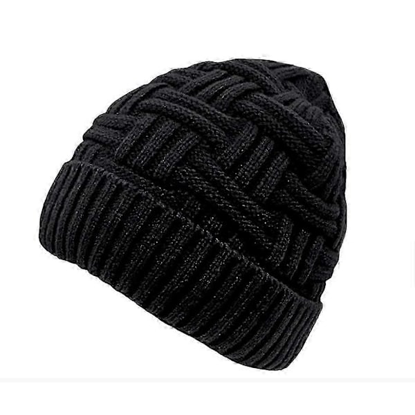 Stickad mössa Herr vintermössa varm beanie mössa med fleecefoder svart