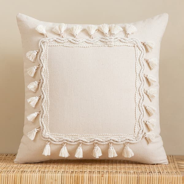 Tofsprydnad Kuddfodral 45x45cm Boho Dekor för Soffa Utan Kärna Beige