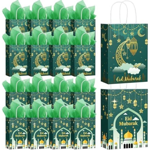 Trandraft 24 st Eid Mubarak presentpåsar med silkespapper Ramadan Green 5.91 x 3.15 x 8.27 inch