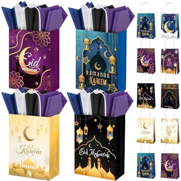 24-pack Eid Mubarak papperspresentpåsar med silkespapper, Ramadan