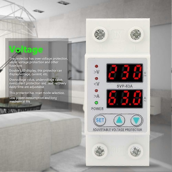 AC230V 63A Spännings- och Strömskydd Över-/Underspänningsskydd Dubbel LED-Display Enfas Lågspänningsskydd DIN-Skena Installation