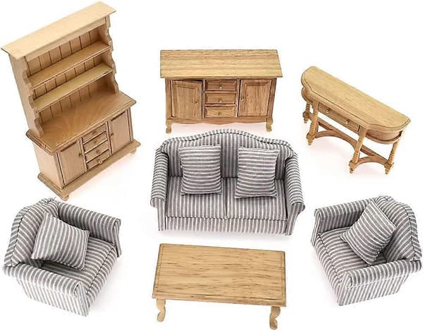 Mini Trämöbelset för Dockhus: Dockhus Vardagsrum Soffa, Skåp, Soffbord (Klassiska Dockmöbler 7 Delar)