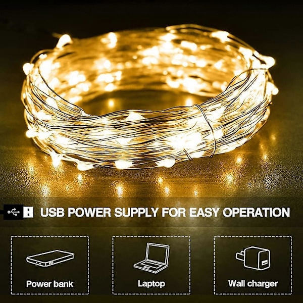 LED Ljusslinga 20M 200 LED-lampor, - USB-driven (Varmgul)