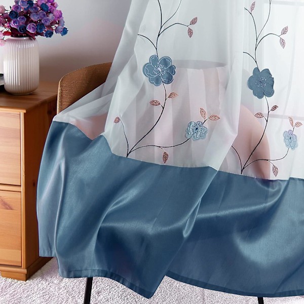 1 Stycke Blommig Broderi Skira Öljettgardiner för Sovrum Kök Vardagsrum, 140cmx175cm, Blå
