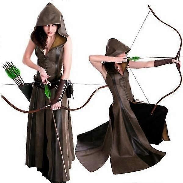 Kvinnor Cosplay Hooded Archer Kostym Läder Lång Klänning Ärmlös Medeltida Kvinnodräkt Krigardräkt